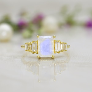 Solid 18k Gold Emerald Cut Moonstone Engagement Ring Rainbow Moonstone Ring  Diamond Cluster Ring Solitaire Moissanite Anniversary