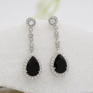 pear Black Onyx earrings women solid 14k white gold dainty bezel diamond pear halo diamond drop earrings anniversary gift for her