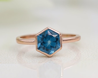 Hexagon London Blue Topaz Ring: 14k Gold Solitaire, December Birthstone