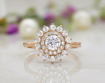 Round Cut Moissanite Starburst Engagement Ring 14K Solid Gold Wedding Ring Anniversary Ring Gift for Her Round Halo Promise Ring for Her