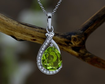 Genuine Peridot Necklace, Silver Teardrop Peridot Halo Necklace, Pear Peridot, August Birthstone Pendant, Gift For Her, Birthday Gift