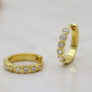 14K Gold Moissanite Huggie Earrings: Trendy Bezel Hoop, 12mm