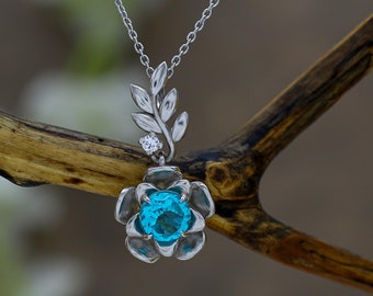 Paraiba Turmalin Anhänger: 14K Weissgold Art Deco Blatt Design