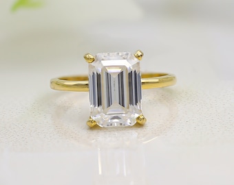 3 CT Emerald Cut Moissanite Engagement Ring: 14k Gold Solitaire