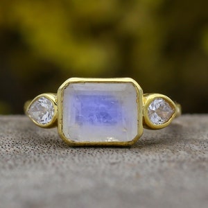 Rainbow Moonstone Ring: 18k Gold Vermeil, Art Deco Engagement Ring