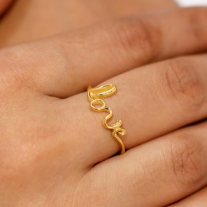 Script Love Ring, 14K Solid Gold Stackable Ring, Minimalist Statement , Dainty Cursive Letter