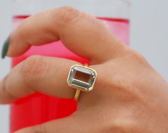 Emerald Cut Green Amethyst Ring: 18k Gold Prasiolite Gemstone Ring