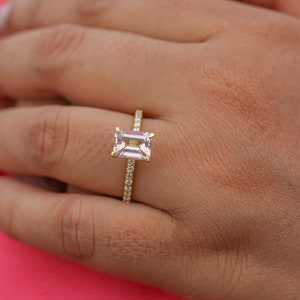 Emerald Cut Morganite Ring: 14K Yellow Gold Art Deco Engagement Ring