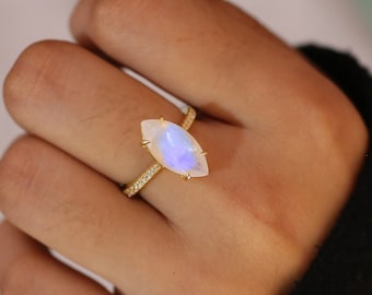 18K Gold Vermeil Marquise Moonstone Ring: Art Deco Cluster Anniversary Ring