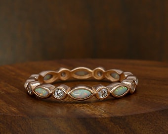 Marquise Opal Wedding Band: Art Deco Moissanite Sterling Silver Ring