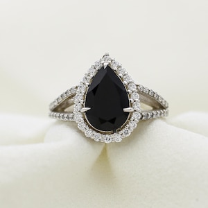 Black Onyx Teardrop Ring: Diamond Halo, 14k White Gold Bridal Engagement