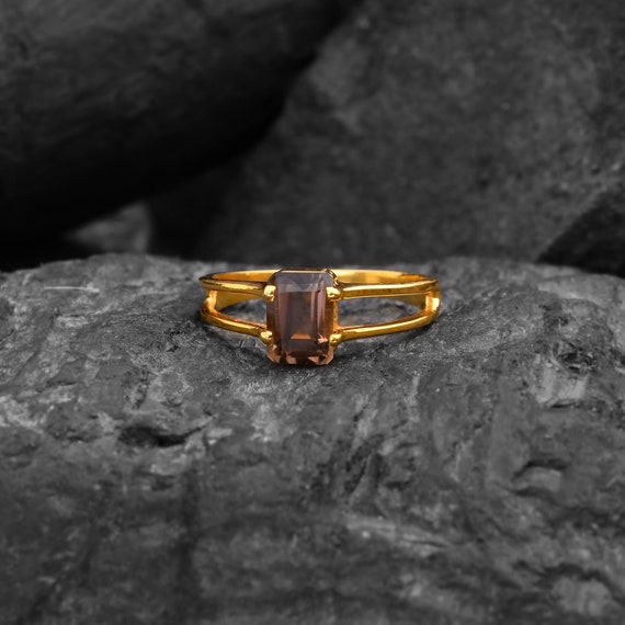 Smoky Quartz Gold Ring Emerald Cut Cocktail Ring 7*5 Stone