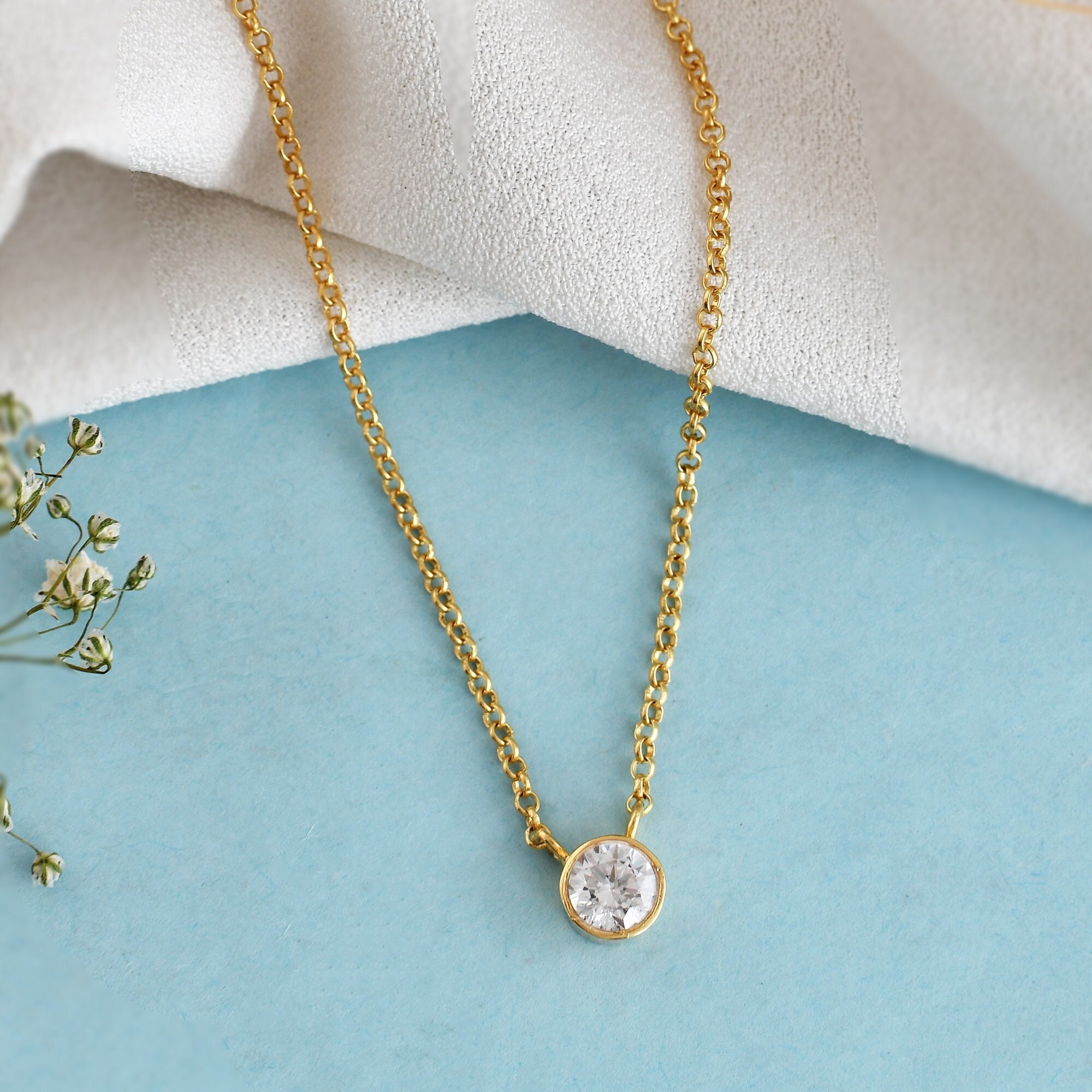 14k Gold Vermeil Moissanite Solitaire Necklace: Minimalist Round Cut