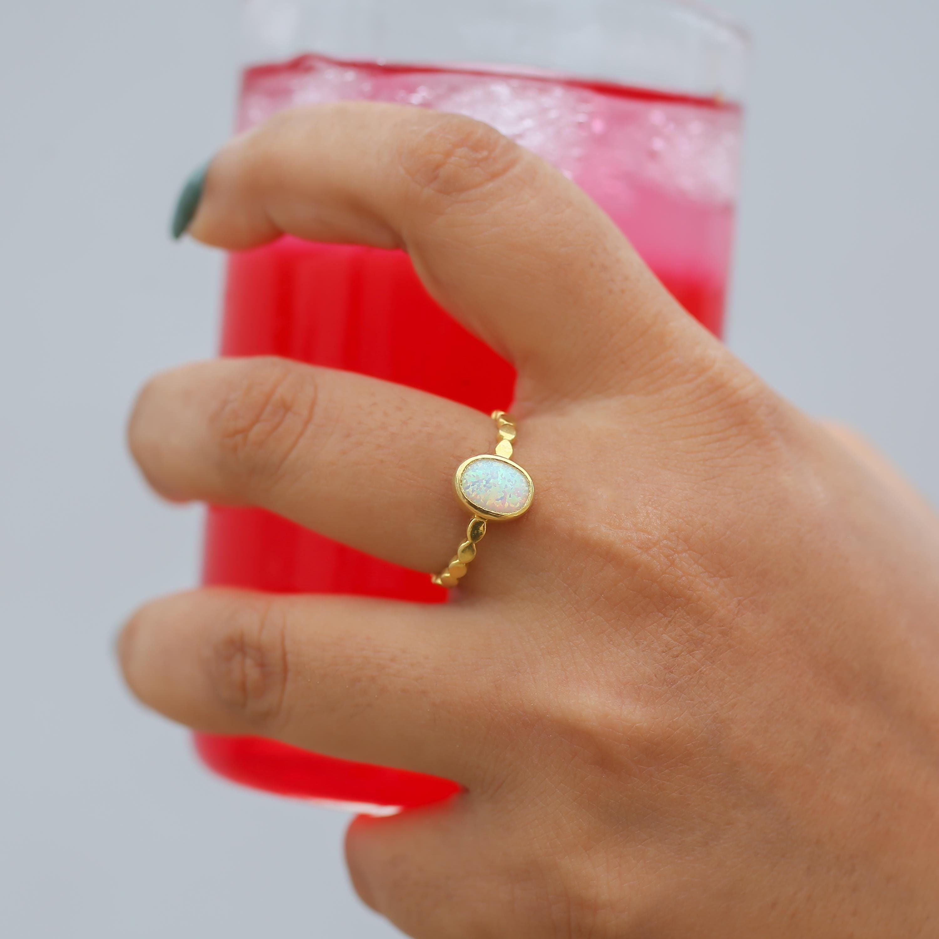 Opal Engagement Ring: 18k Gold Vermeil Art Deco Bezel Set