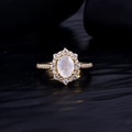 Moonstone Engagement Ring: 14k Yellow Gold Diamond Halo, Art Deco Bridal Ring