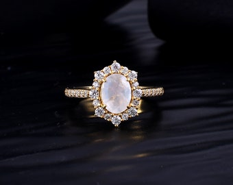 Moonstone Engagement Ring: 14k Yellow Gold Diamond Halo, Art Deco Bridal Ring