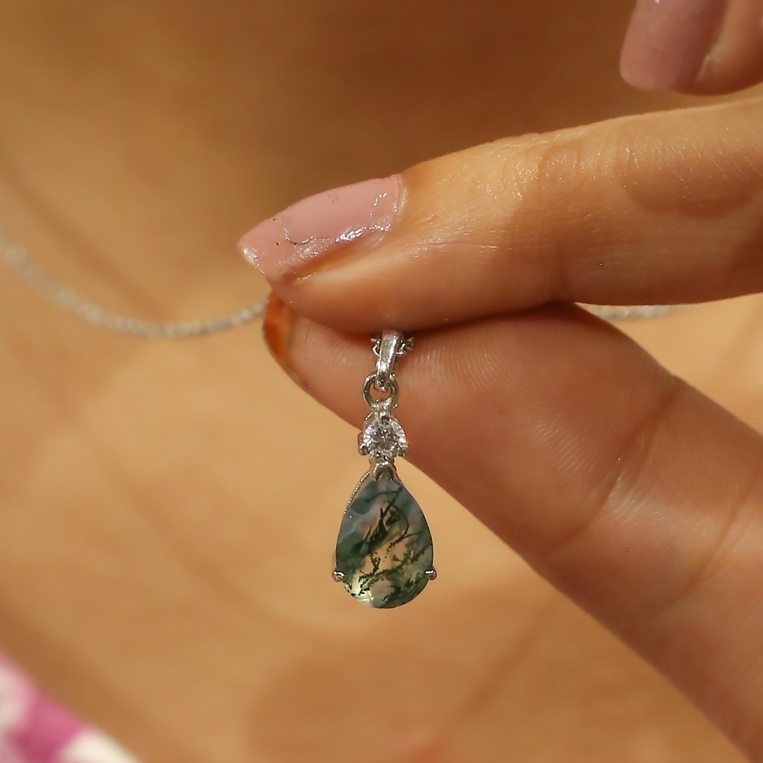 Pear shaped Moss agate Pendant necklace 14k gold Moissanite necklace Delicate necklace bridal Anniversary Simulated diamond pendant