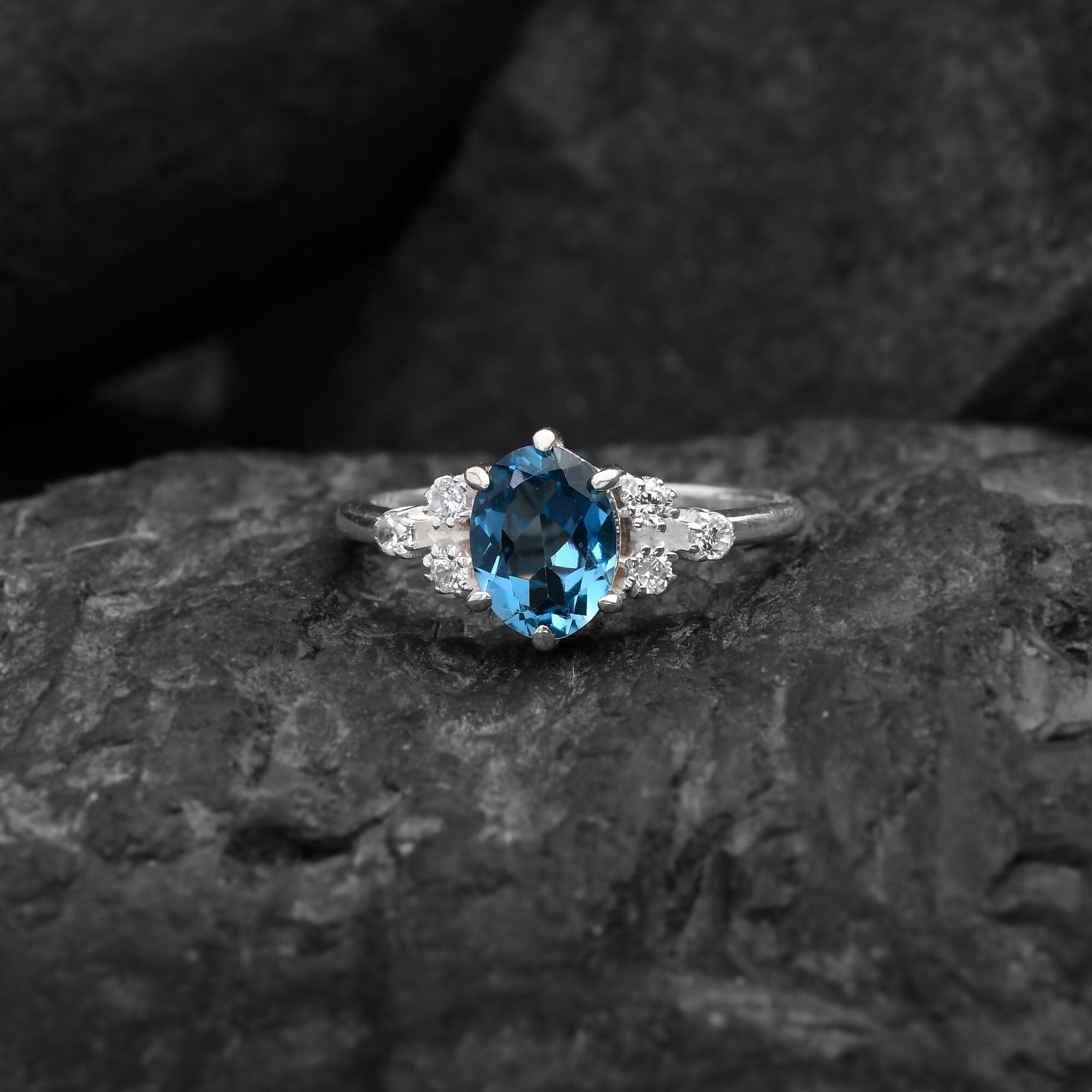 Oval London Blue Topaz Engagement Ring: Art Deco 925 Sterling Silver ...
