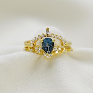 London Blue Topaz Engagement Ring Set: Pear Shape Vermeil Bridal Ring