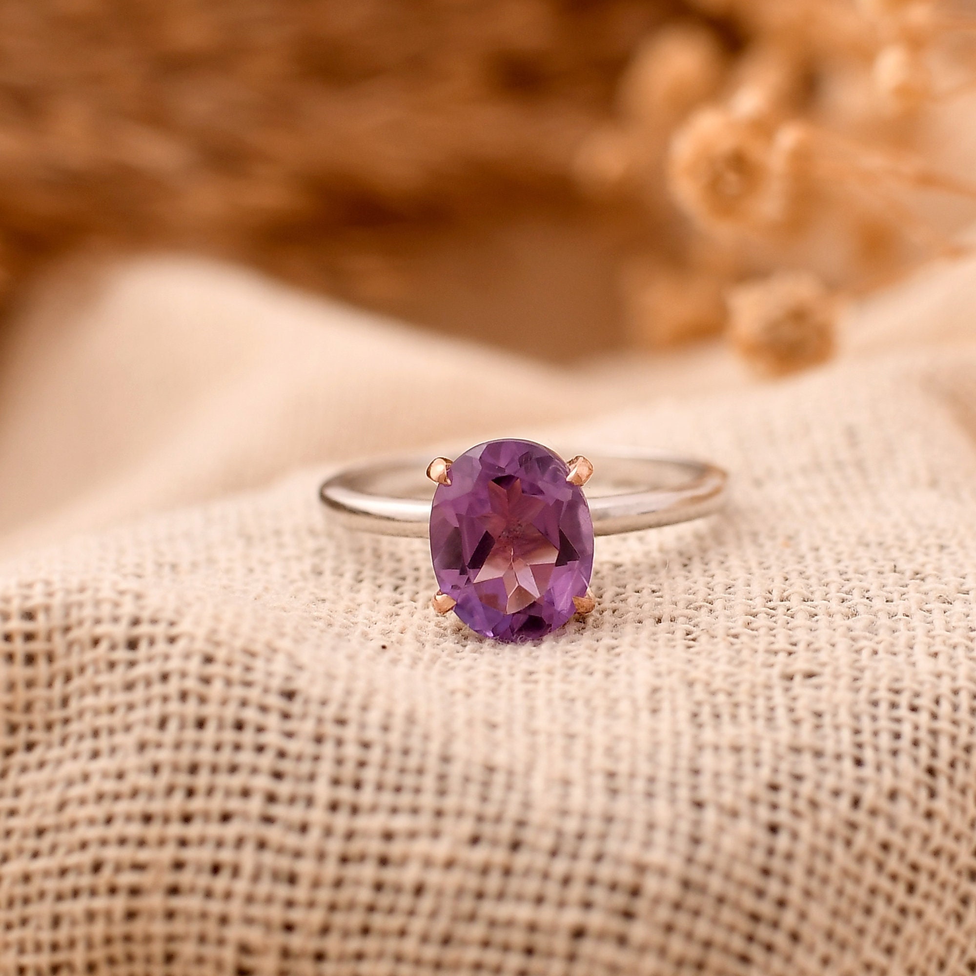 Oval Amethyst Ring in Solid 14k Gold: February Birthstone Solitaire