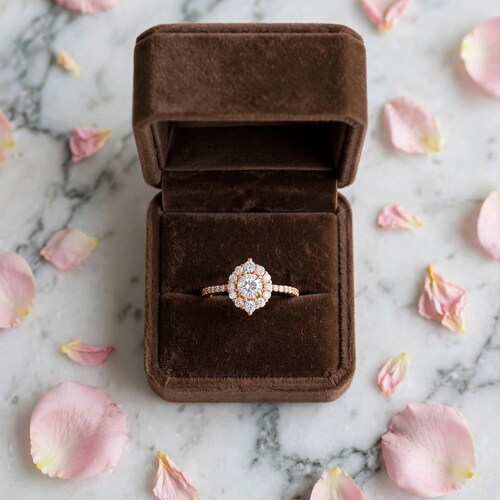 5mm Round Moissanite Halo Engagement Ring - 14k Rose Gold Vintage Cluster Jewelry