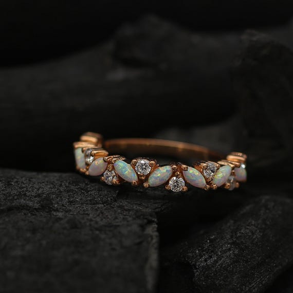Antique Marquise Opal Wedding Band: Rose Gold Moissanite Ring
