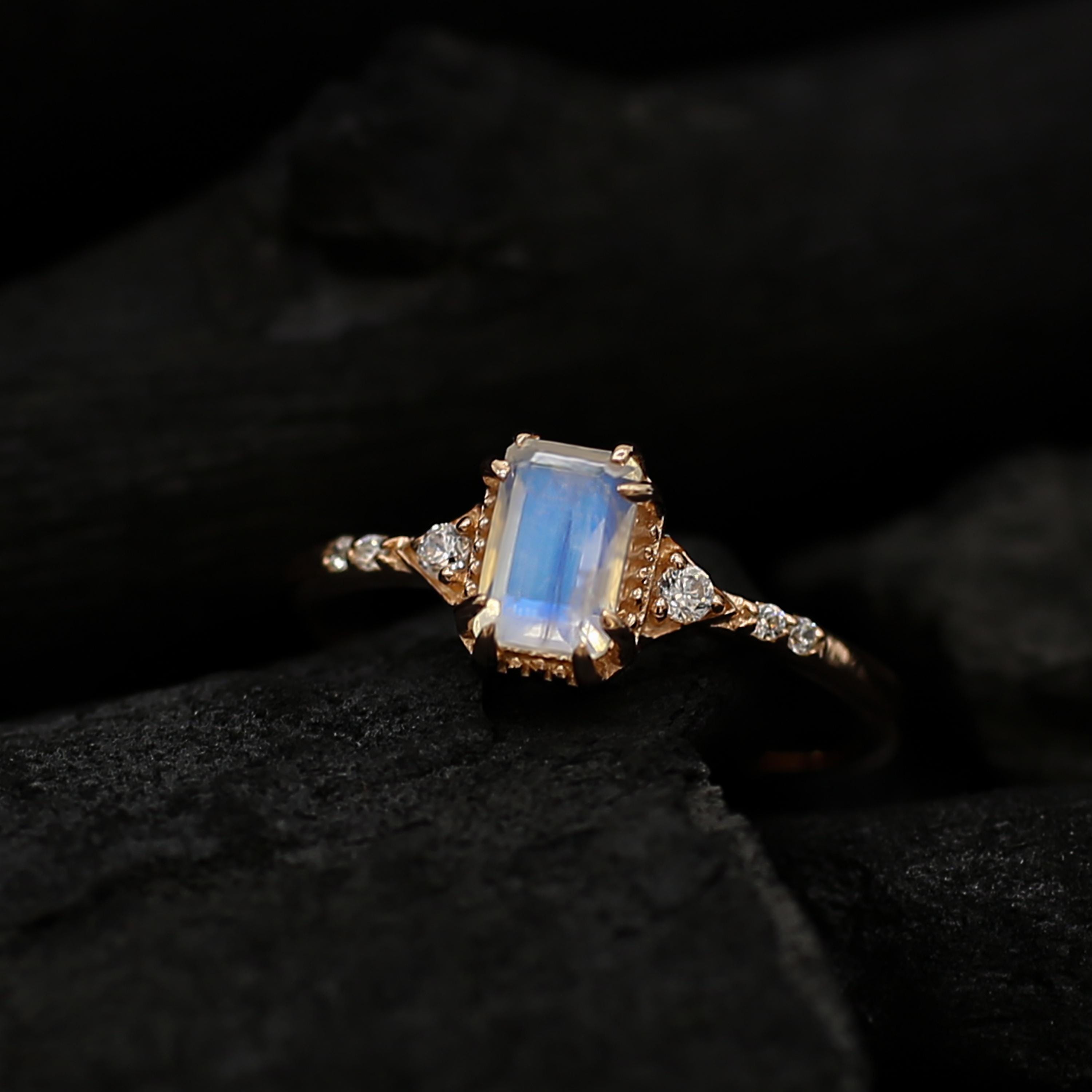 Dainty Moonstone Ring: Emerald Cut 18k Rose Gold Bridal Ring
