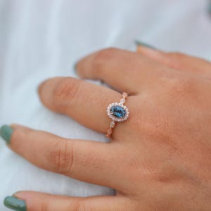 1ct London Blue Topaz Ring: Vintage Halo Moissanite, 18k Rose Gold Vermeil