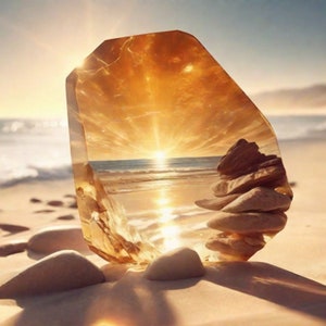 May include: A clear, faceted crystal prism sits on a sandy beach, reflecting a sunset over the ocean. The crystal is shaped like a large, irregular diamond and captures the warm colors of the sky and water.