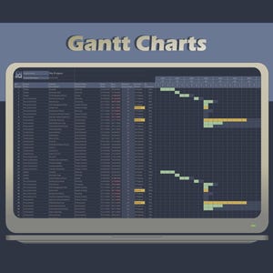 May include: A laptop screen displaying a Gantt chart with project timelines. The screen shows a grid with rows and columns, and colored bars representing tasks. Text on the screen includes "Monthly, Weekly & Daily Timescales" and "Efficiently Plan & Monitor Progress."