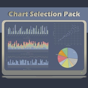 Puede incluir: Una pantalla de portátil muestra un "Chart Selection Pack" con varios tipos de gráficos, incluyendo gráficos de barras, diagramas de dispersión y gráficos circulares. El diseño es limpio y fácil de usar, con opciones para Windows y Excel. La imagen también incluye el texto "Easy-to-Use", "Uncluttered, Clean Design", "11 Chart Types" y "For Windows & Excel".