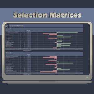 May include: A laptop screen showing "Selection Matrices" with data visualizations. The screen displays two tables with rows of data and horizontal bar graphs in red and green. Text on the screen includes "Make Informed Decisions" and "For Windows & Excel."