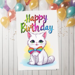 Modèle de carte de joyeux anniversaire, carte de voeux numérique pour petite amie, carte arc-en-ciel chat mignon