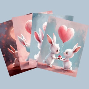 Clipart imprimable de la Saint-Valentin, couple romantique de mignons lapins moelleux échangeant des cadeaux