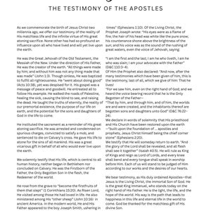 Puede incluir: Documento impreso titulado "El Cristo Viviente" con texto de la Primera Presidencia y el Consejo de los Doce Apóstoles de la Iglesia de Jesucristo de los Santos de los Últimos Días, 1 de enero de 2000.