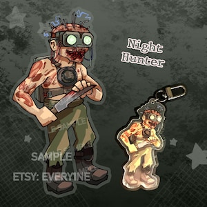 May include: Illustration of a Night Hunter character with a bloody face, holding a knife, and wearing a head-mounted device. A smaller keychain version is also shown. The image has the text "Night Hunter" and "Sample".