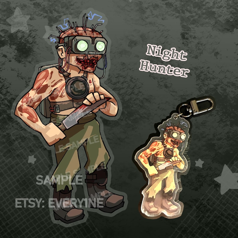 May include: Illustration of a Night Hunter character with a bloody face, holding a knife, and wearing a head-mounted device. A smaller keychain version is also shown. The image has the text "Night Hunter" and "Sample".