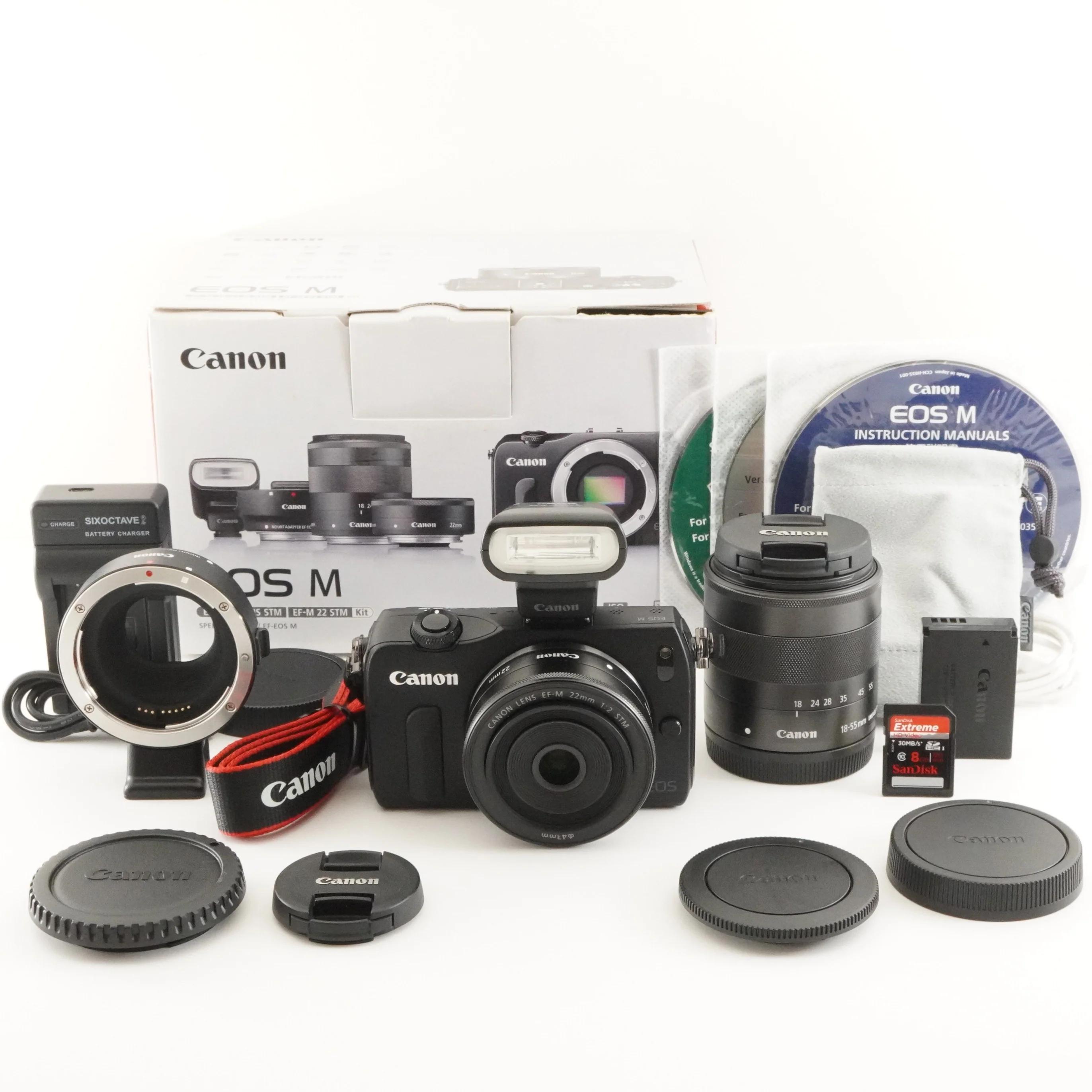 Canon EOS M Preta + Lentes EF-M 22 mm + 18-55 mm + Acessórios na