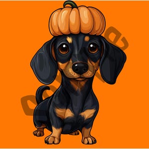 Cartoon Spooky, Creepy, Cute, Halloween Dachshund with Pumpkin on Head, Wiener Dog, Digital Download PNG, Dog Lover Digital Art, Clip Art