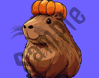 Cartoon Spooky, Creepy, Cute, Halloween Capybara with Pumpkin on Head, Digital Download PNG, Halloween Lover Digital Art, Clip Art