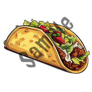 May include: A yellow corn tortilla filled with ground beef, lettuce, tomatoes, and sour cream. The taco is folded in half and is ready to eat.