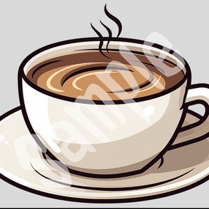 Può includere: Una tazza e un piattino da caffè bianchi con una bevanda marrone scuro all'interno. Il vapore sale dalla tazza, indicando che la bevanda è calda. La tazza e il piattino hanno un design semplice con un contorno nero.