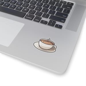 Könnte beinhalten: Eine Cartoon-Illustration einer dampfenden Tasse Kaffee auf einem Untersetzer. Die Tasse ist weiß mit einem braunen Rand und einem braunen Henkel. Der Untersetzer ist weiß.