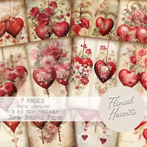 Valentine Floral Hearts  Junk Journal Kit Vintage Love  Digital Paper for Scrapbooking Vintage Valentine Flowers Ephemera heart Journal Page