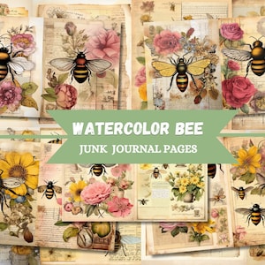 Watercolor Bee Junk Journal kit, Watercolor Bee Junk Journal Pages, Watercolor Bee Scene Junk Journal Printable, Digital Collage