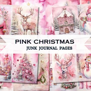 Rosa Weihnachten Junk Journal Seite, Vintage Merry Christmas Junk Journal Seiten, Nikolaus Szene Junk Journal Bedruckbares Papier, Digitale Collagen
