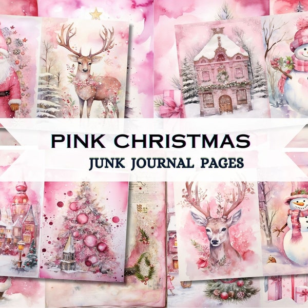 Pink Christmas junk journal page, Vintage Merry Christmas Junk Journal Pages, Santa Scene Junk Journal Printable Paper, Digital Collages