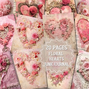 Floral Hearts Junk Journal Kit Vintage Love Letter Digital Paper for Scrapbooking Vintage Valentine Flowers Ephemera Butterfly Journal Page