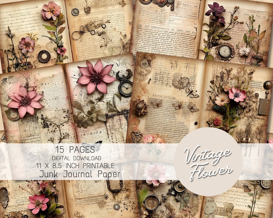 Vintage Flower Junk Journal Pages, Printable Scrapbook Supply, Floral ...