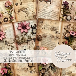Vintage Blume Junk Journal Seiten, bedruckbares Scrapbook Zubehör, Floral Ephemera, Digitale Blumen Collage Sheet, Botanischer Garten Papier Kit